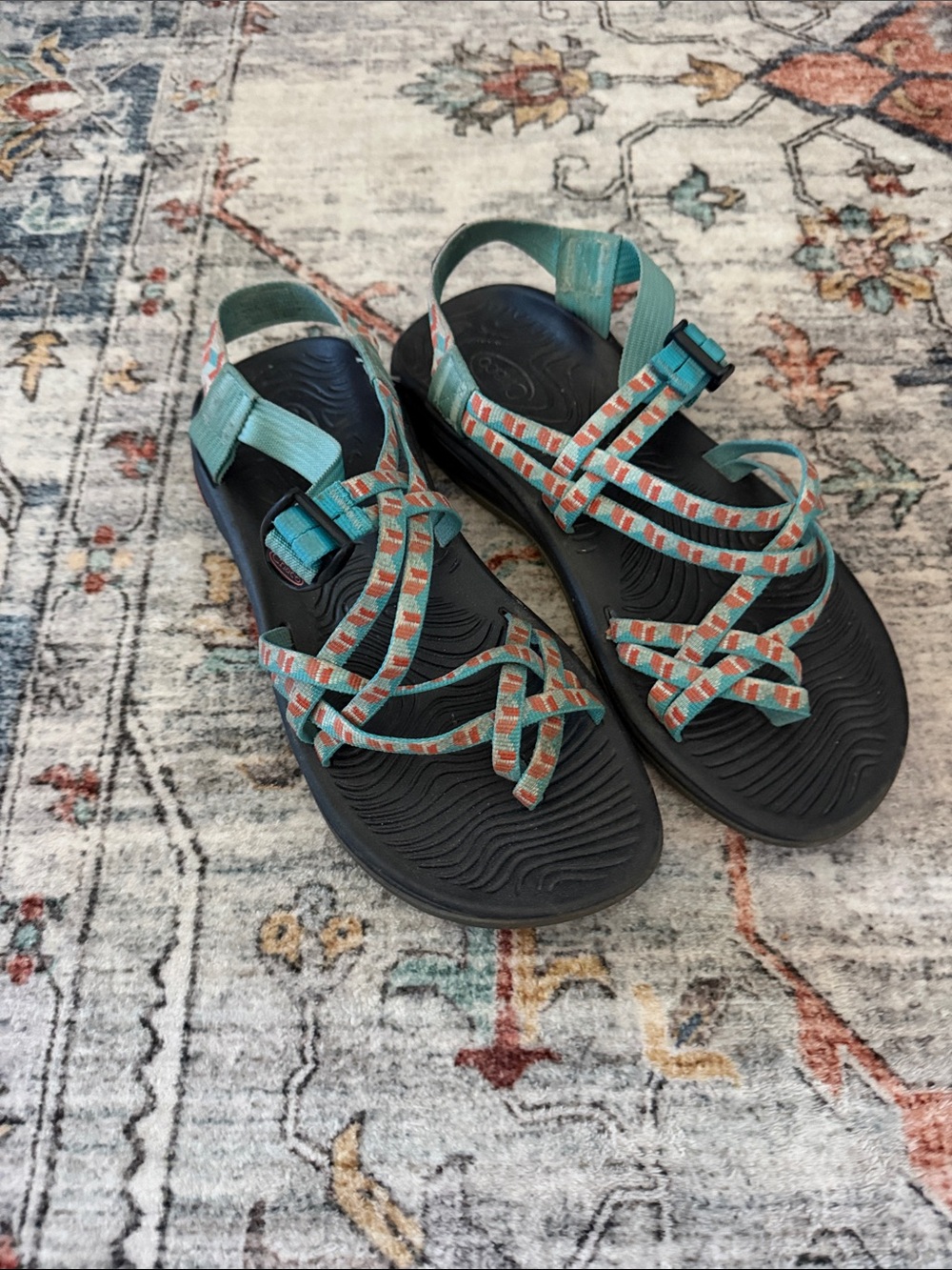 Chaco Teal Strappy Sandals with Coral Pattern